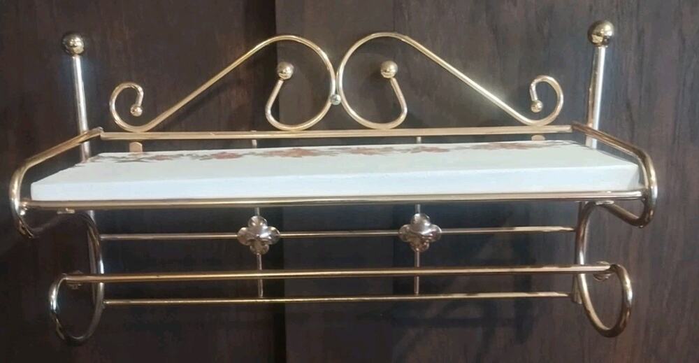 Vintage Brass and Wood Shelf Wall Hanging towel bar Decor Floral Cottagecore